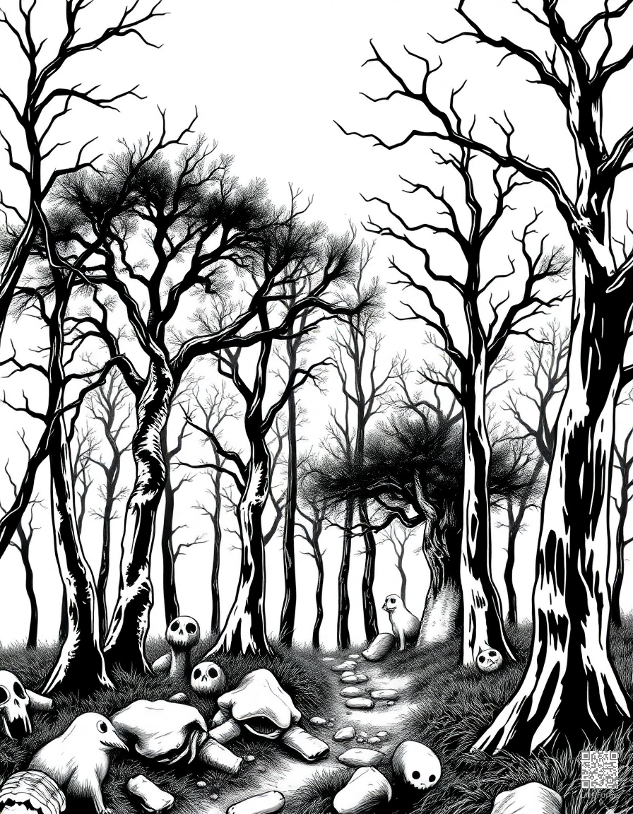 haunted forest with spooky trees coloring page Manga style - free printable
