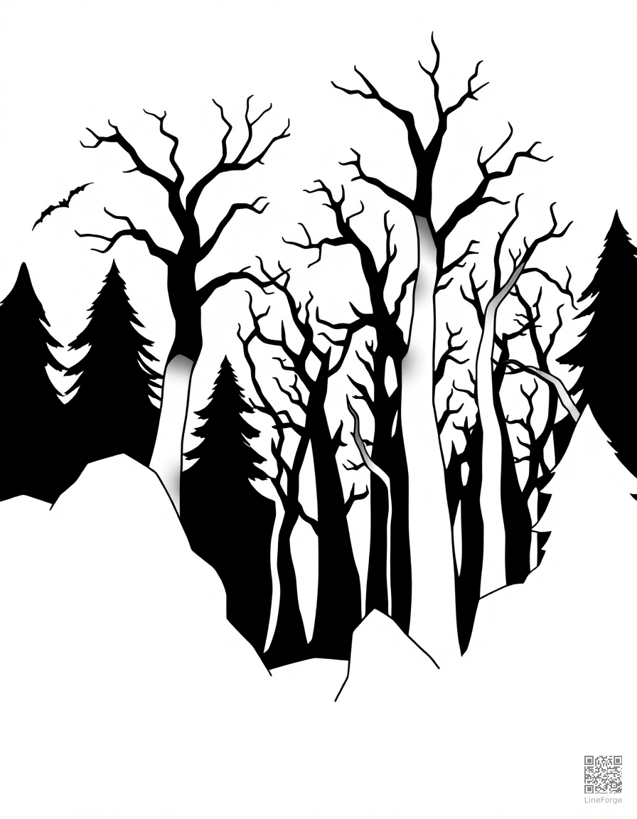 haunted forest with spooky trees coloring page Minimal style - free printable