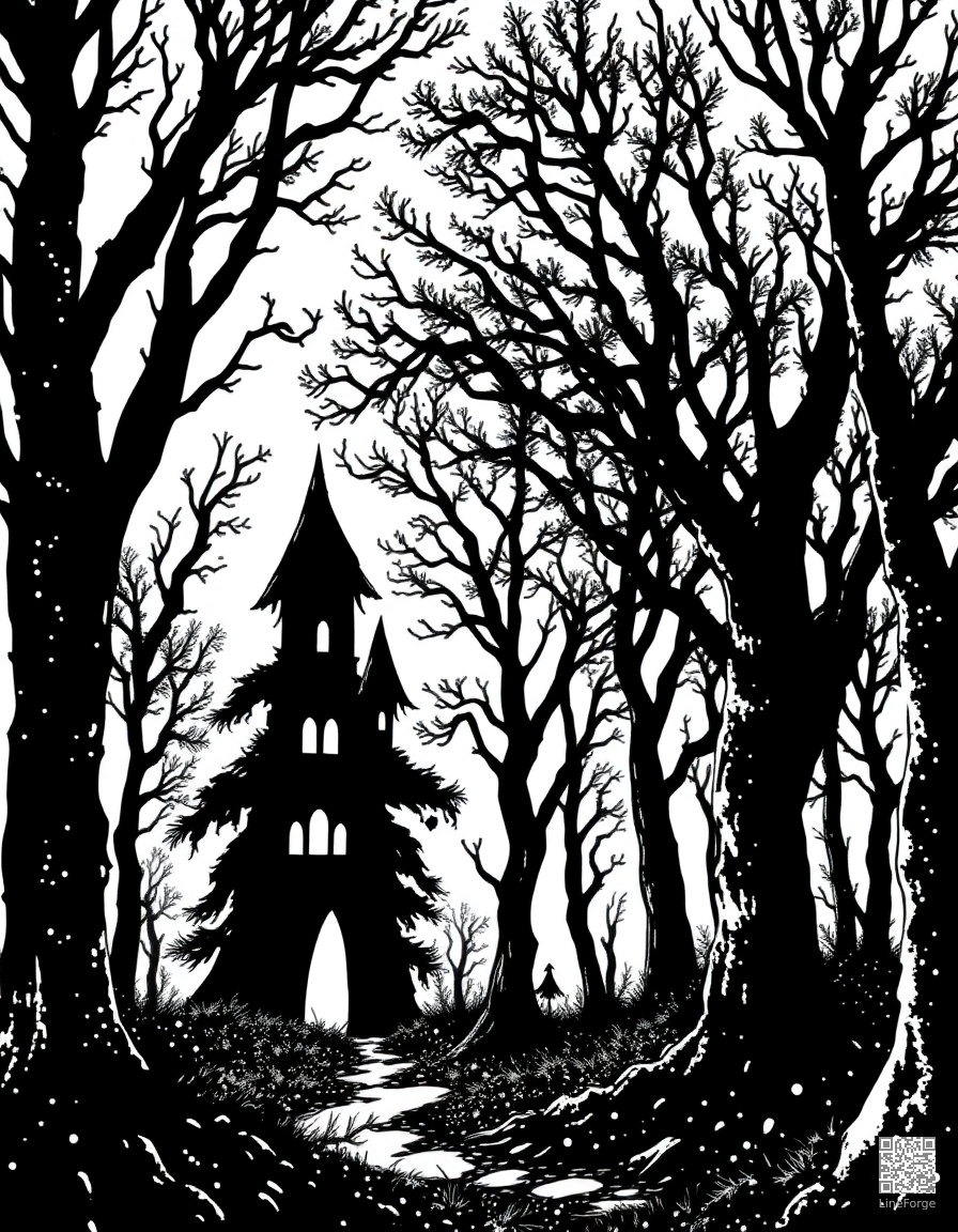 haunted forest with spooky trees coloring page Stipple style - free printable