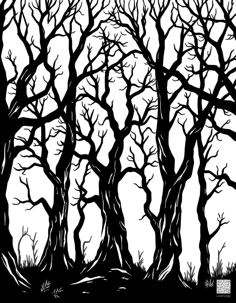 haunted forest with spooky trees coloring page Woodcut style - free printable