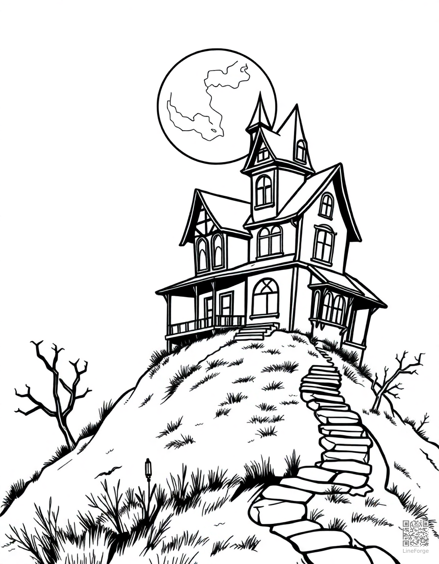 haunted house on a hill with full moon coloring page Contour style - free printable
