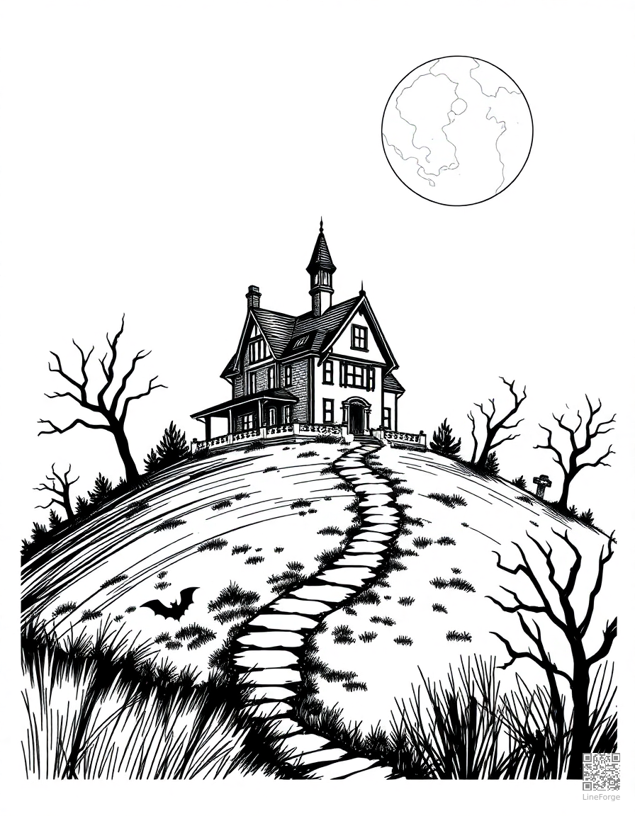 haunted house on a hill with full moon coloring page Crosshatch style - free printable
