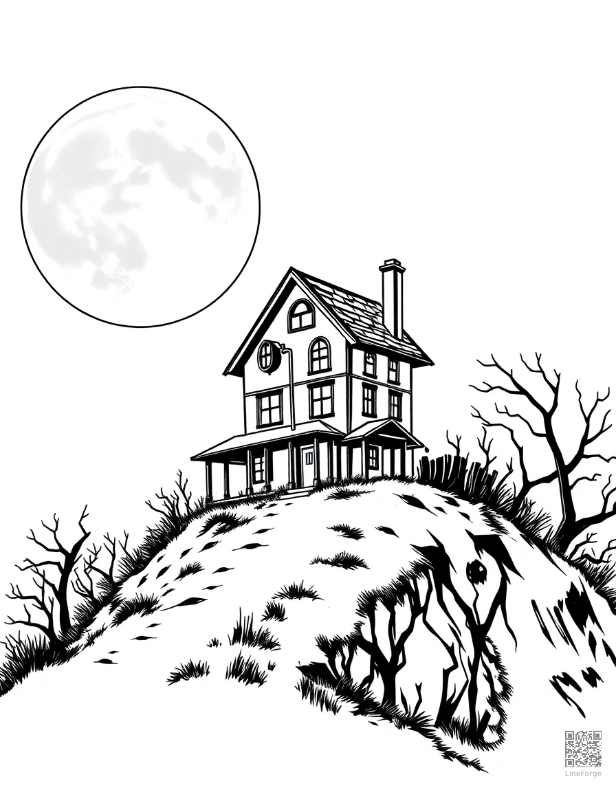 haunted house on a hill with full moon coloring page Manga style - free printable