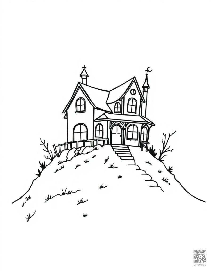 haunted house on a hill with full moon coloring page Minimal style - free printable