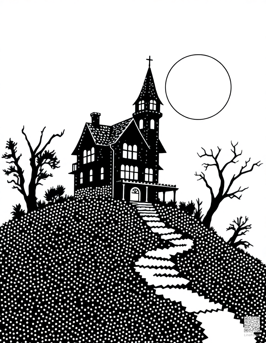 haunted house on a hill with full moon coloring page Stipple style - free printable