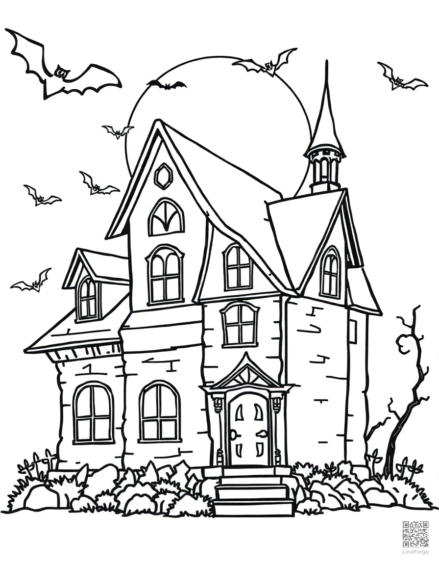 Haunted house with bats and full moon coloring page Contour style - free printable