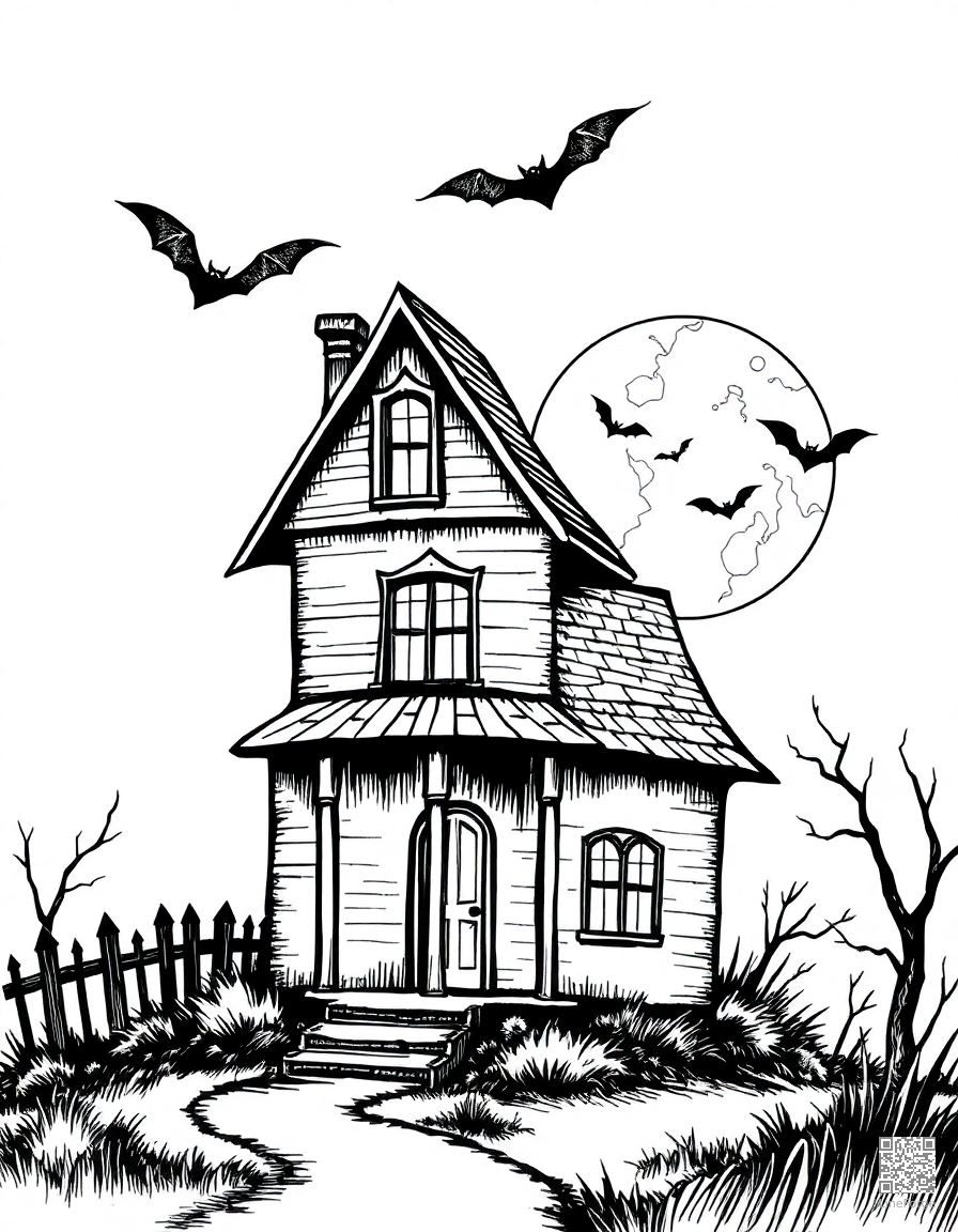Haunted house with bats and full moon coloring page Crosshatch style - free printable