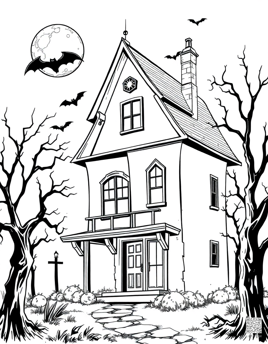 Haunted house with bats and full moon coloring page Manga style - free printable