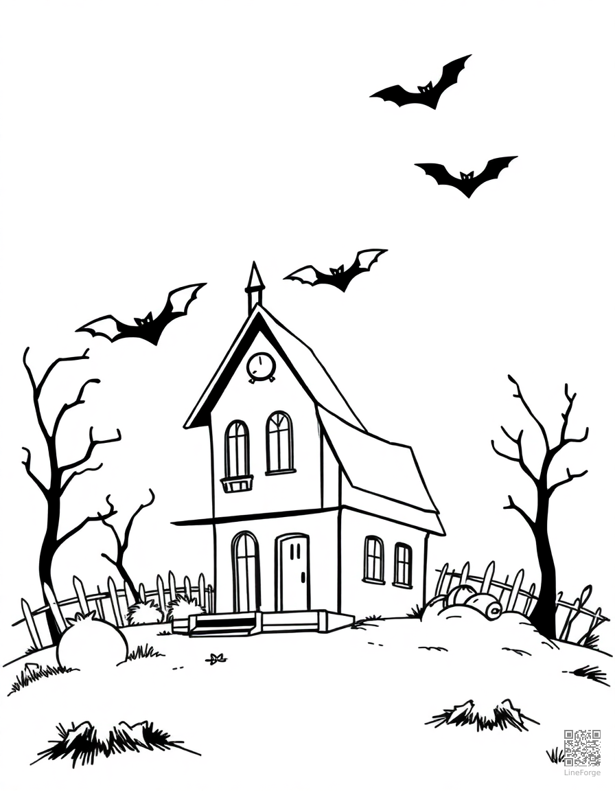 Haunted house with bats and full moon coloring page Minimal style - free printable