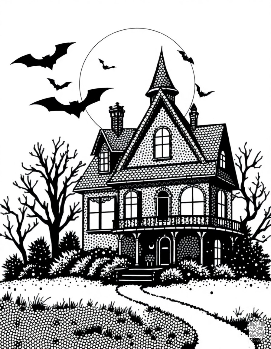Haunted house with bats and full moon coloring page Stipple style - free printable