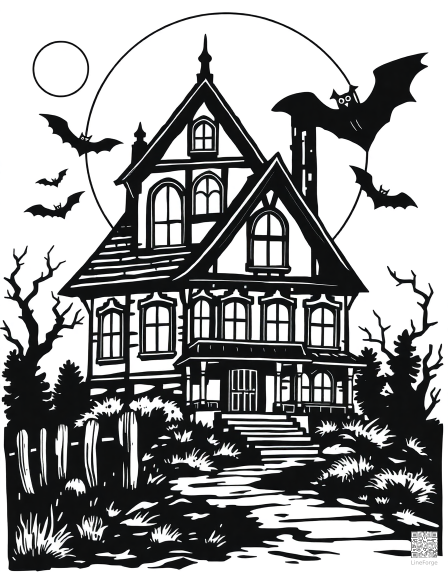 Haunted house with bats and full moon coloring page Woodcut style - free printable