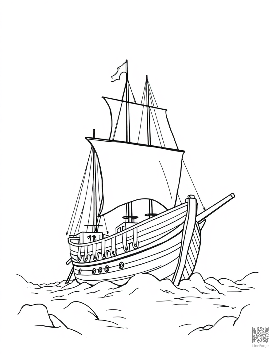 haunted pirate ship in fog coloring page Contour style - free printable
