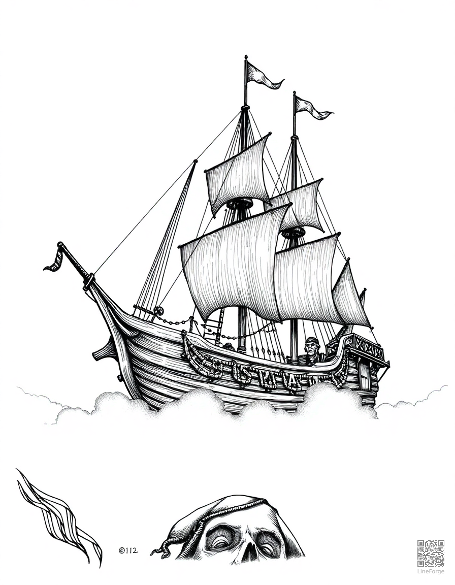 haunted pirate ship in fog coloring page Crosshatch style - free printable
