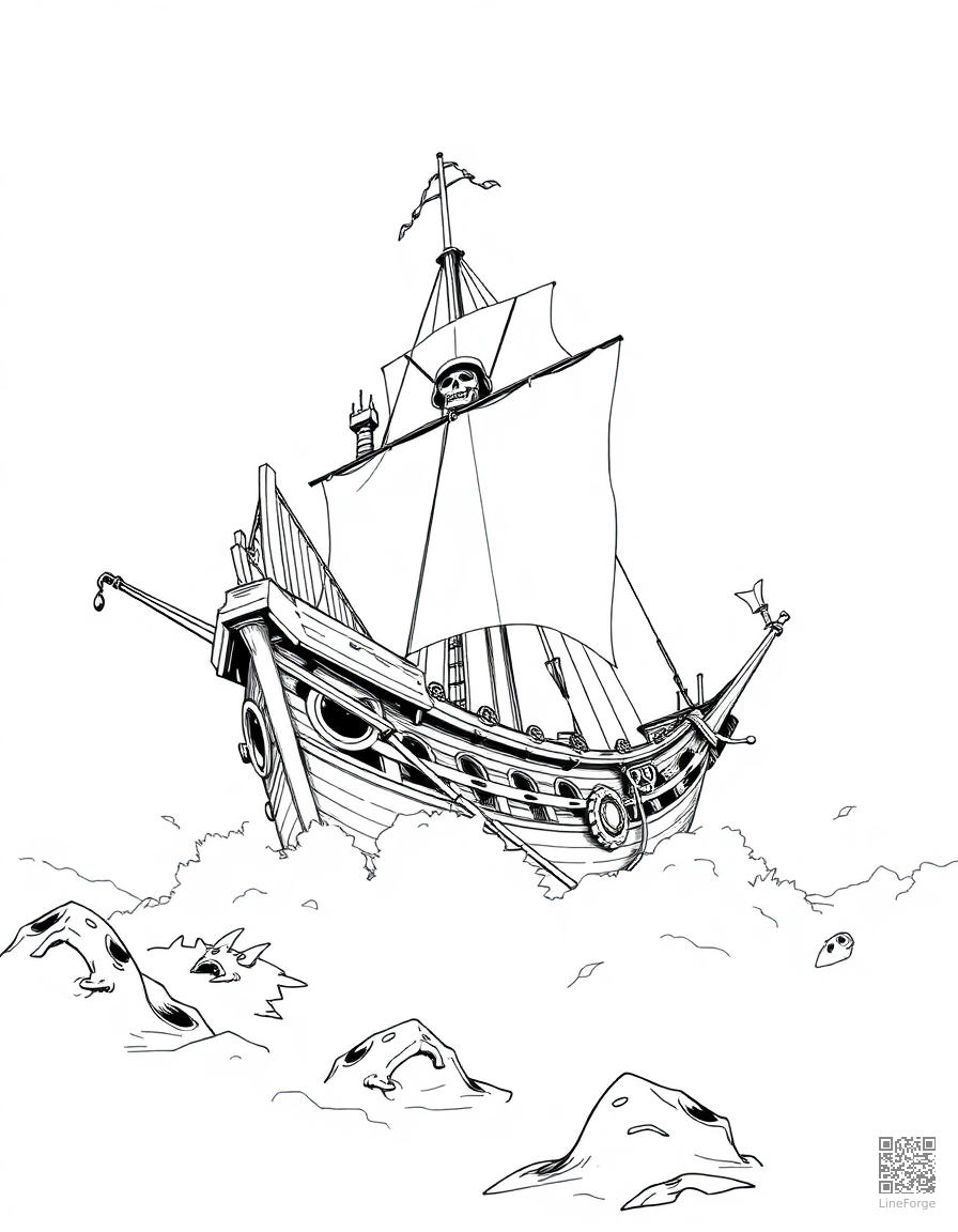 haunted pirate ship in fog coloring page Manga style - free printable