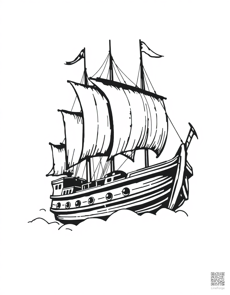 haunted pirate ship in fog coloring page Woodcut style - free printable