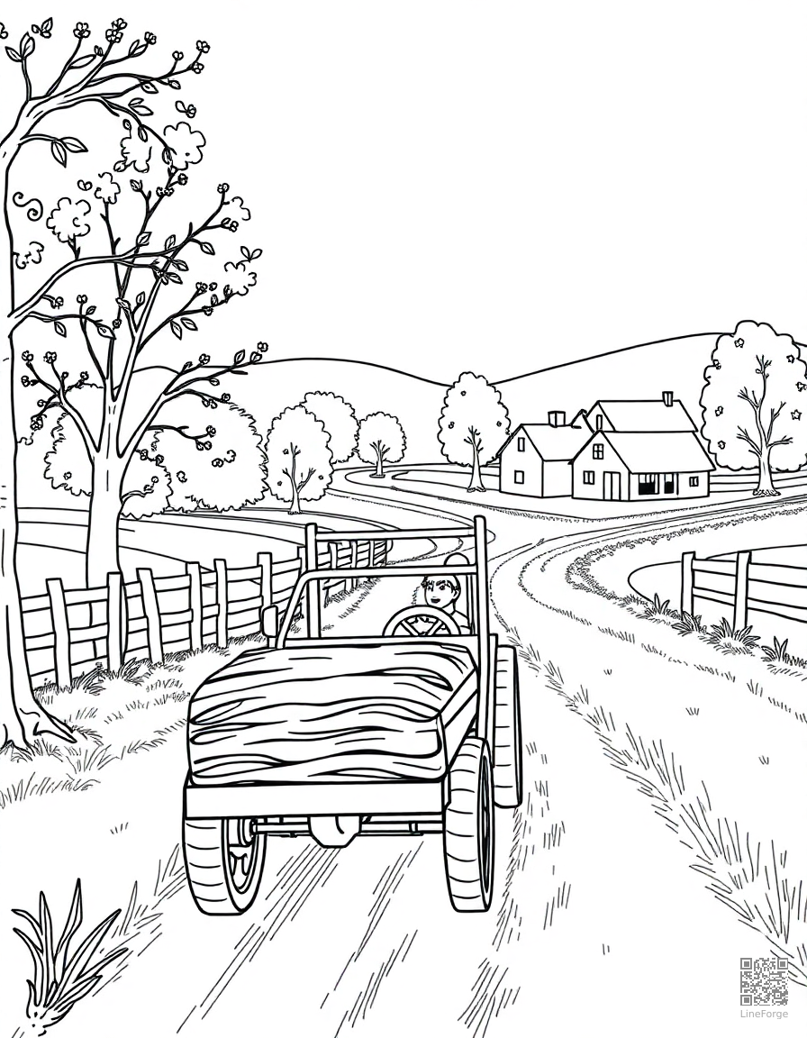 hayride through an autumn farm coloring page Contour style - free printable