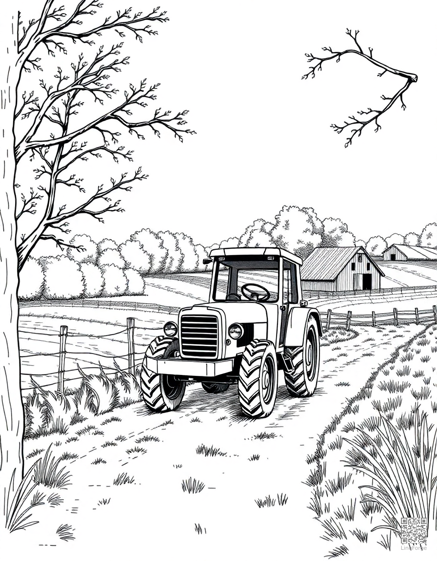 hayride through an autumn farm coloring page Crosshatch style - free printable