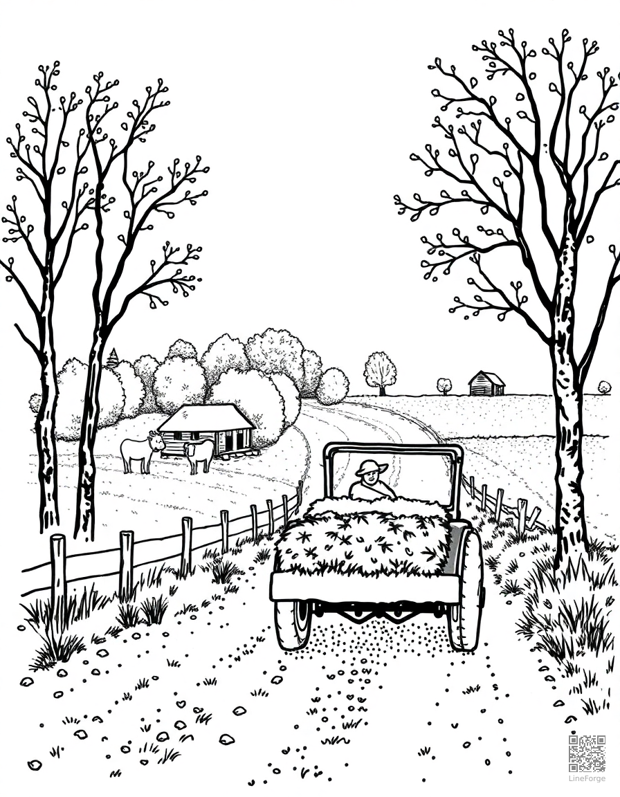 hayride through an autumn farm coloring page Stipple style - free printable