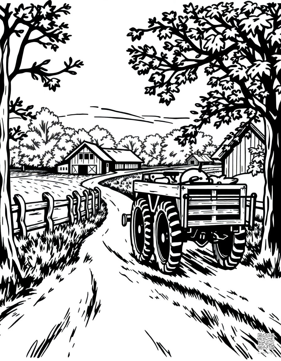 hayride through an autumn farm coloring page Woodcut style - free printable