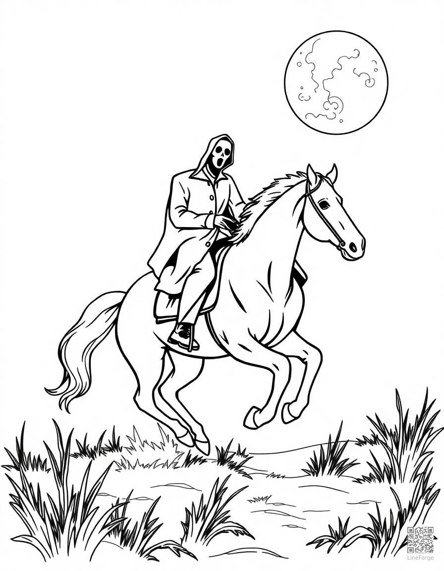 headless horseman riding through the night coloring page Contour style - free printable