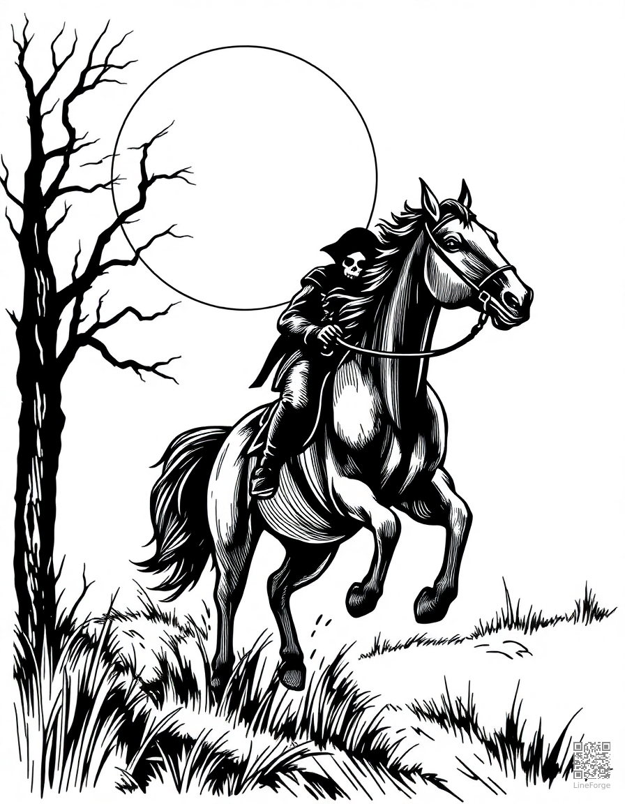headless horseman riding through the night coloring page Crosshatch style - free printable