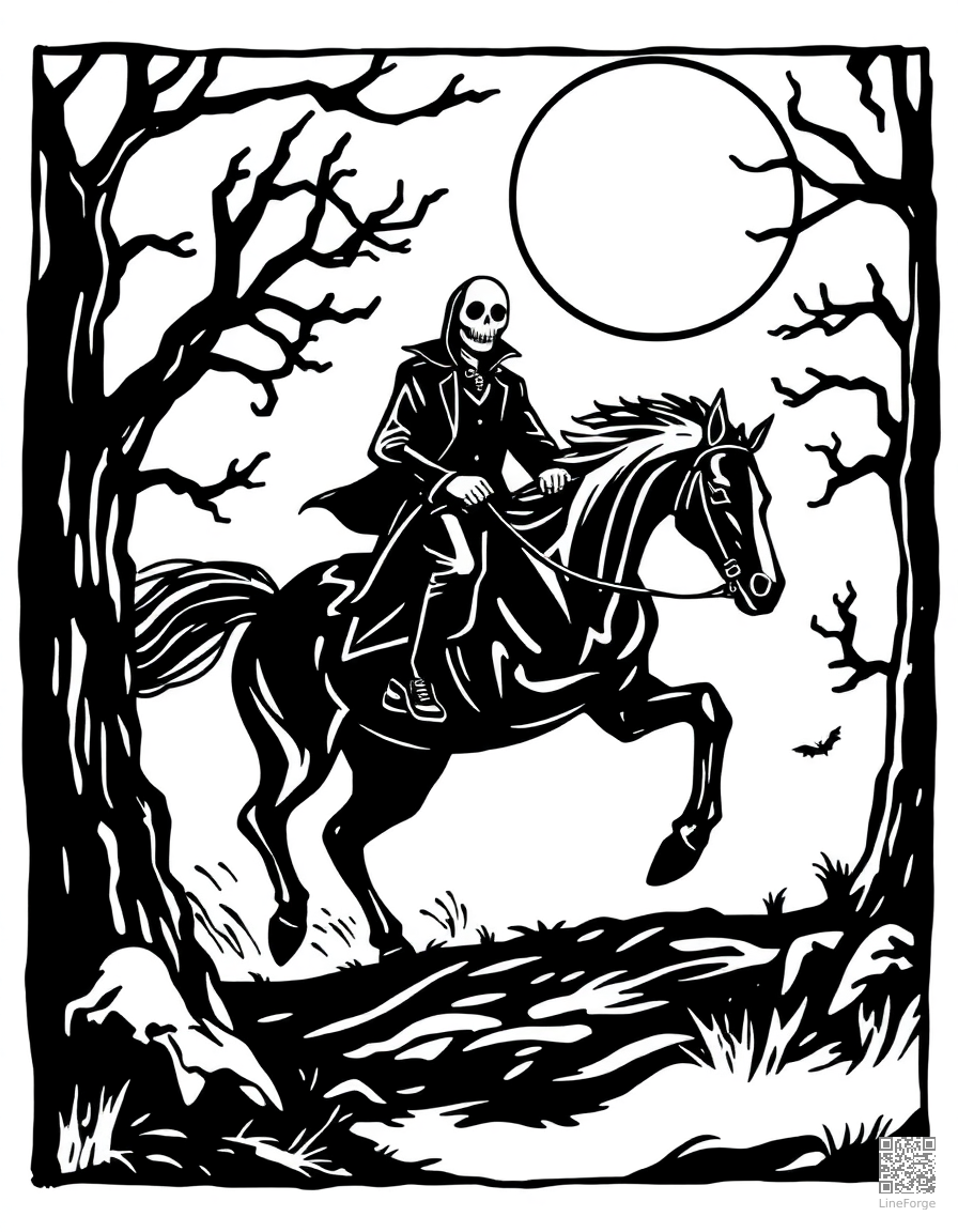 headless horseman riding through the night coloring page Woodcut style - free printable