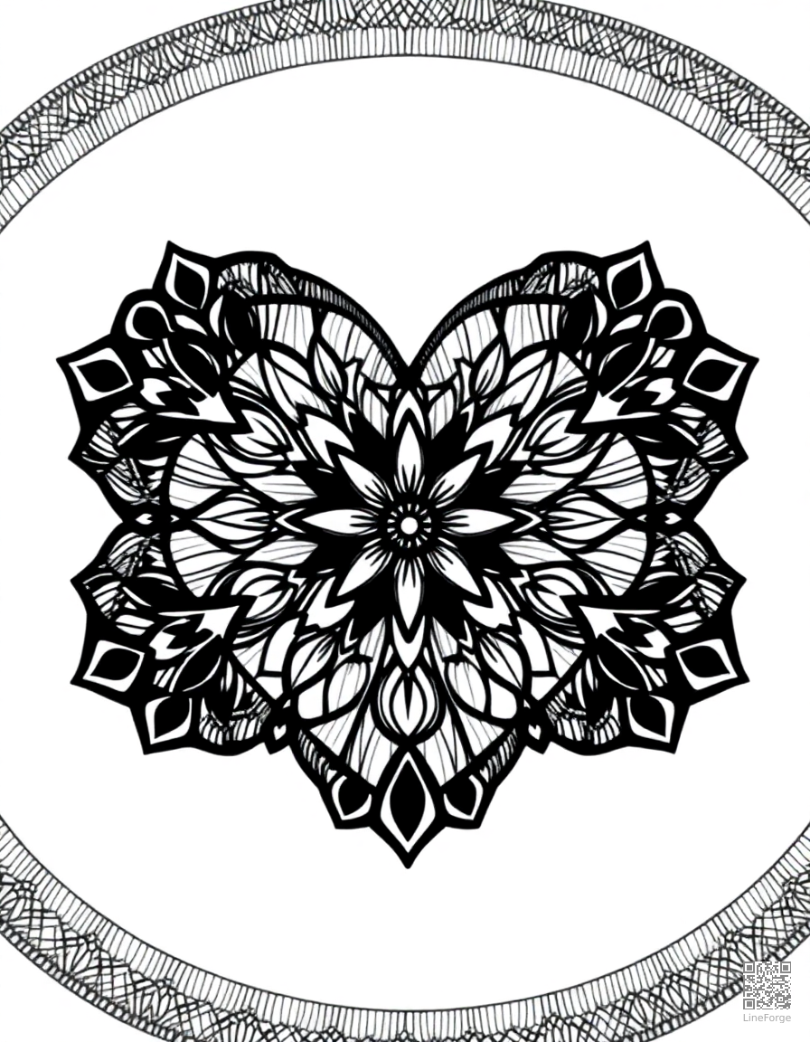 heart pattern mandala design coloring page Crosshatch style - free printable
