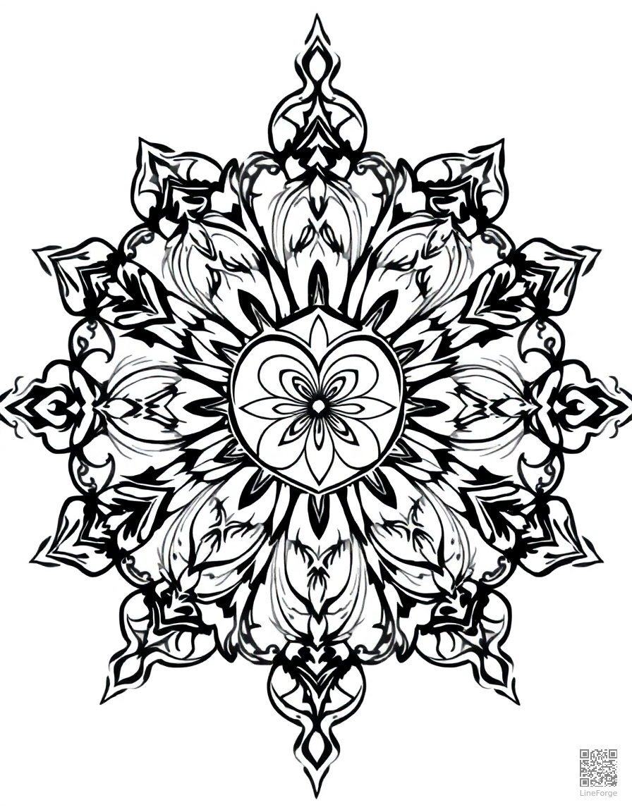 heart pattern mandala design coloring page Manga style - free printable