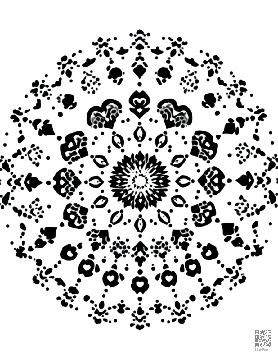heart pattern mandala design coloring page Stipple style - free printable