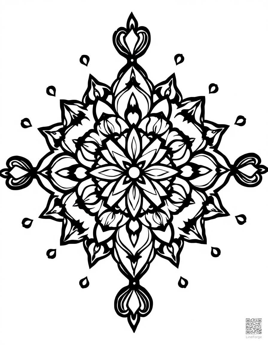 heart pattern mandala design coloring page Woodcut style - free printable