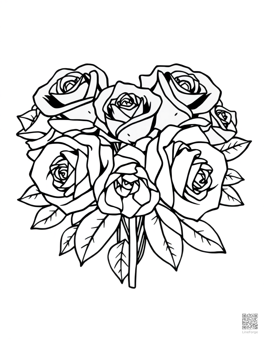 Heart-shaped bouquet of roses coloring page Contour style - free printable
