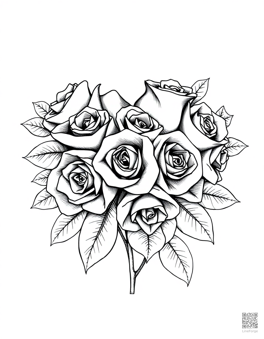 Heart-shaped bouquet of roses coloring page Crosshatch style - free printable
