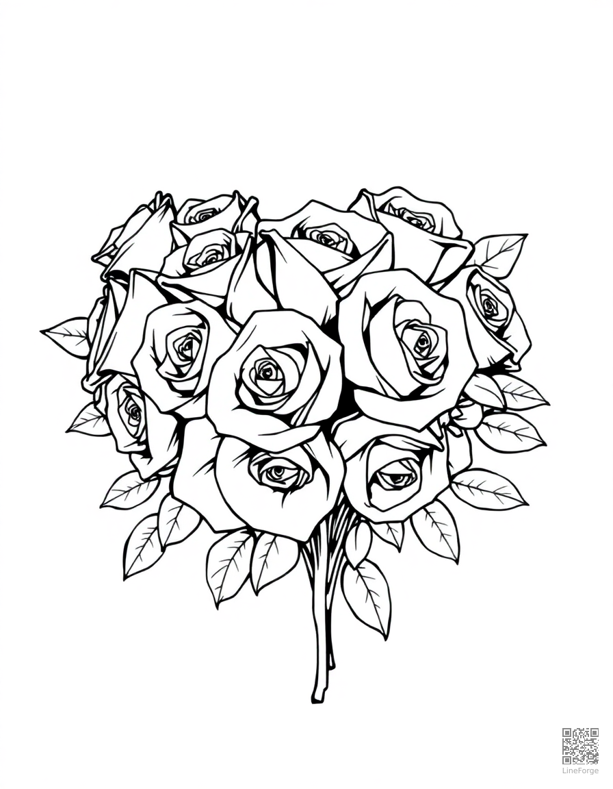 Heart-shaped bouquet of roses coloring page Manga style - free printable