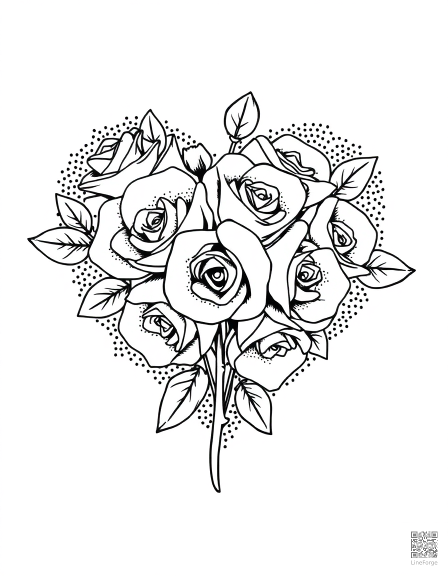 Heart-shaped bouquet of roses coloring page Stipple style - free printable