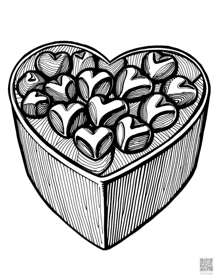 heart shaped box of chocolates coloring page Crosshatch style - free printable
