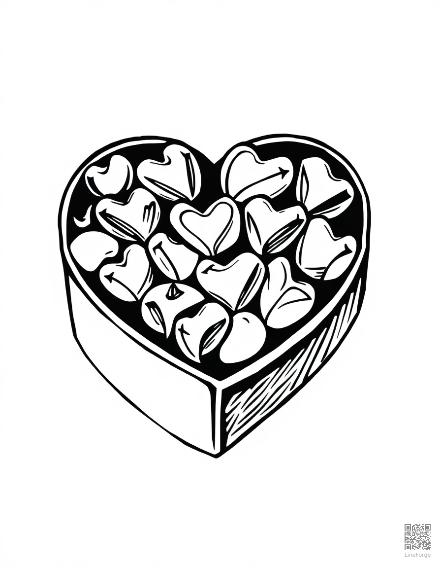 heart shaped box of chocolates coloring page Woodcut style - free printable