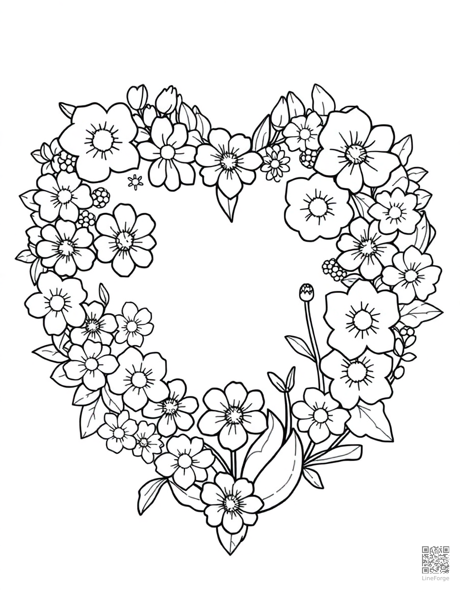 heart shaped flower garden from above coloring page Contour style - free printable