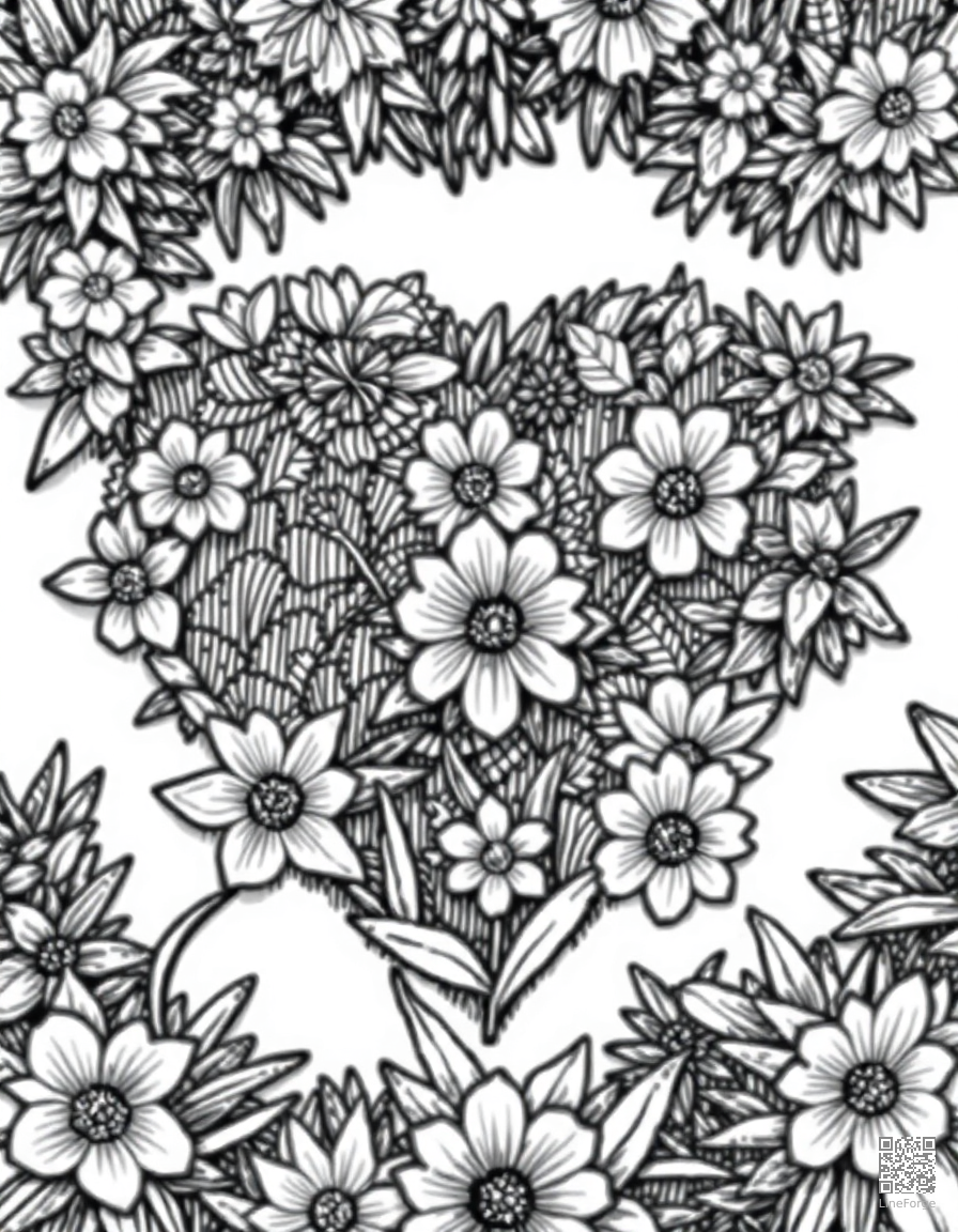 heart shaped flower garden from above coloring page Crosshatch style - free printable
