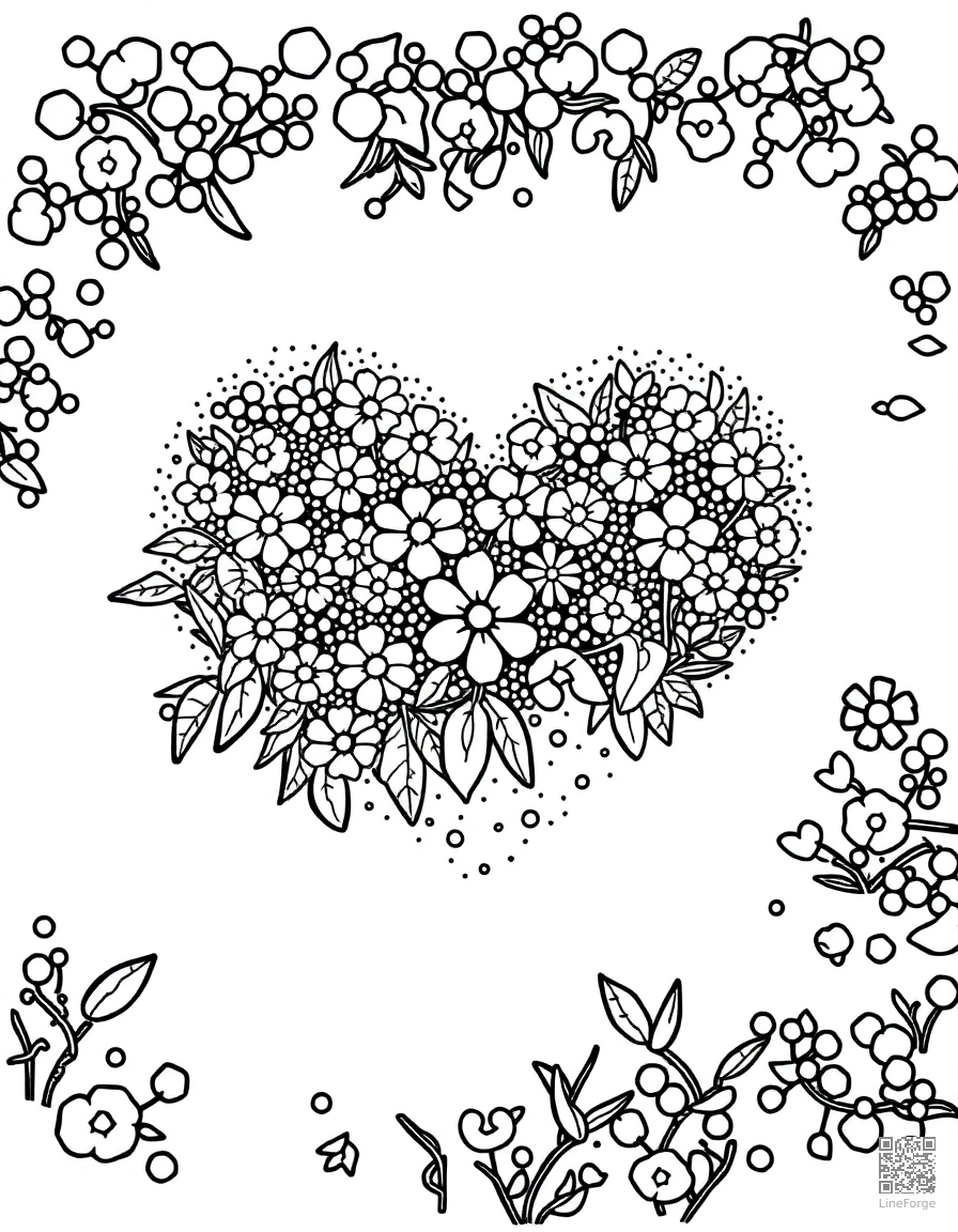 heart shaped flower garden from above coloring page Stipple style - free printable