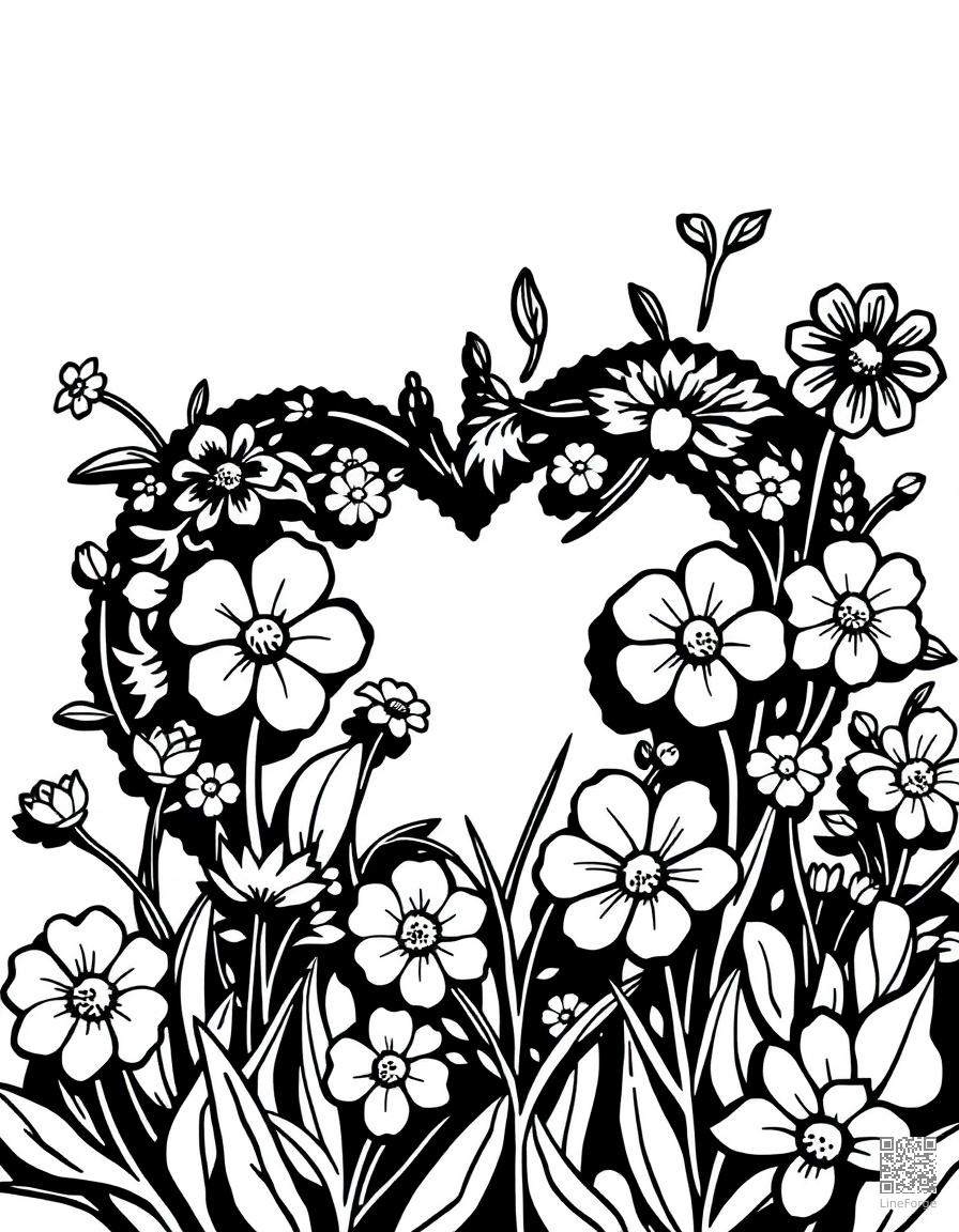 heart shaped flower garden from above coloring page Woodcut style - free printable