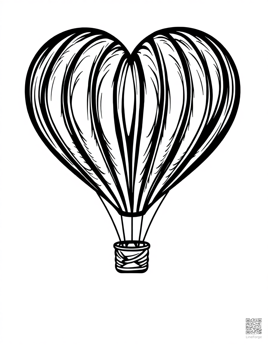 heart-shaped hot air balloon coloring page Woodcut style - free printable
