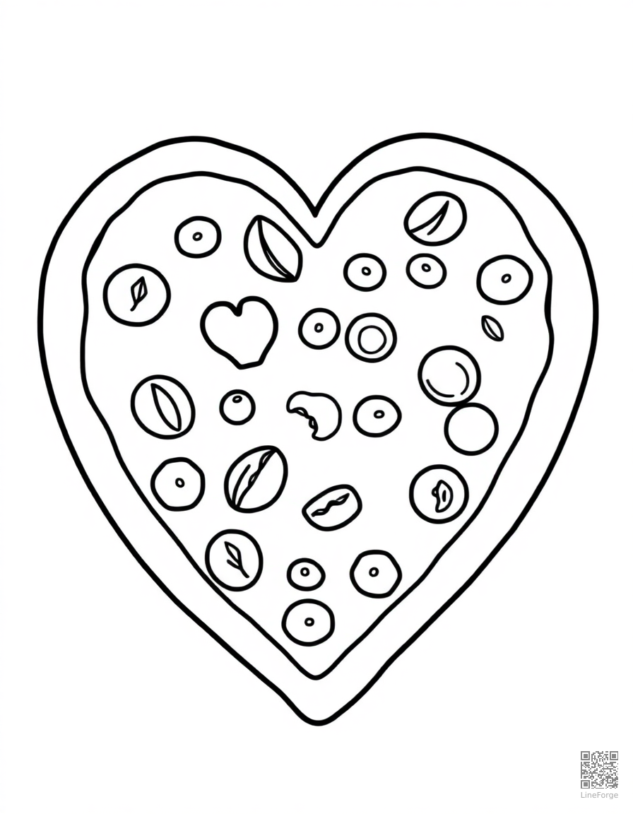 heart shaped pizza with toppings coloring page Contour style - free printable