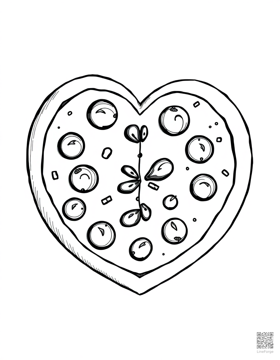 heart shaped pizza with toppings coloring page Crosshatch style - free printable