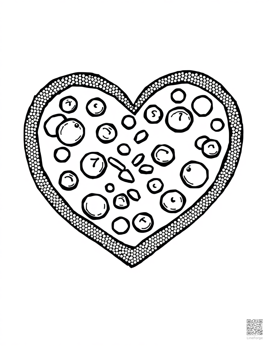 heart shaped pizza with toppings coloring page Stipple style - free printable