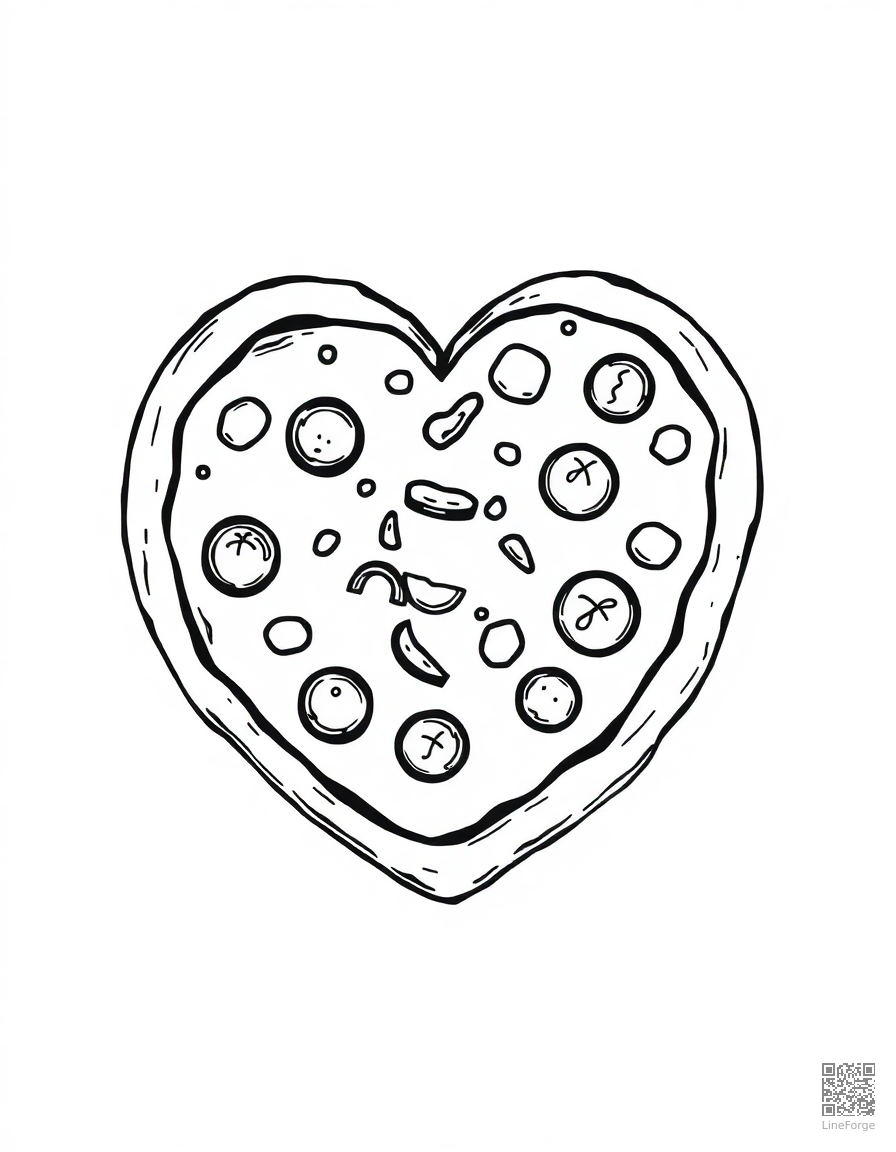 heart shaped pizza with toppings coloring page Woodcut style - free printable
