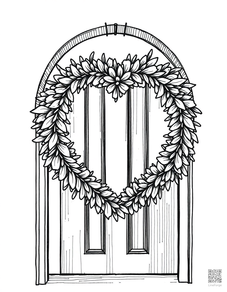 heart-shaped wreath on a door coloring page Crosshatch style - free printable