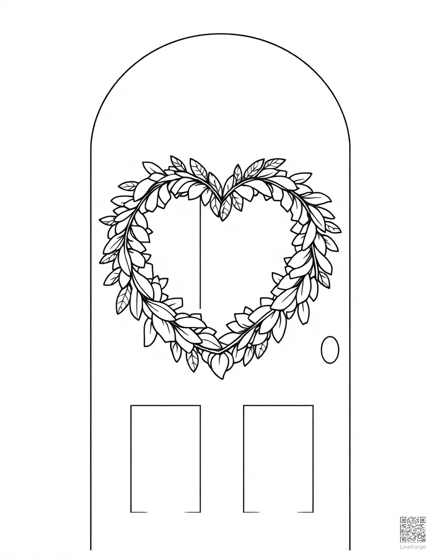 heart-shaped wreath on a door coloring page Minimal style - free printable