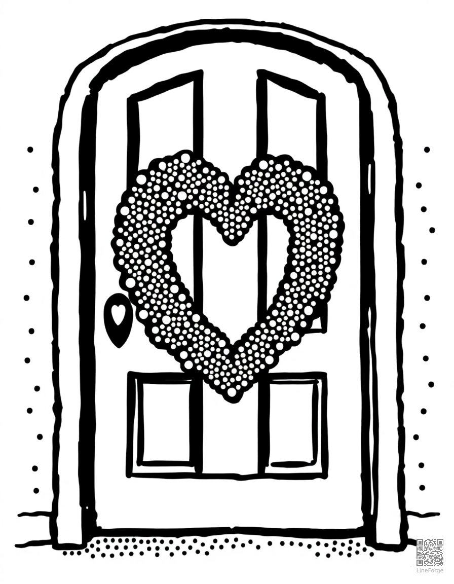 heart-shaped wreath on a door coloring page Stipple style - free printable