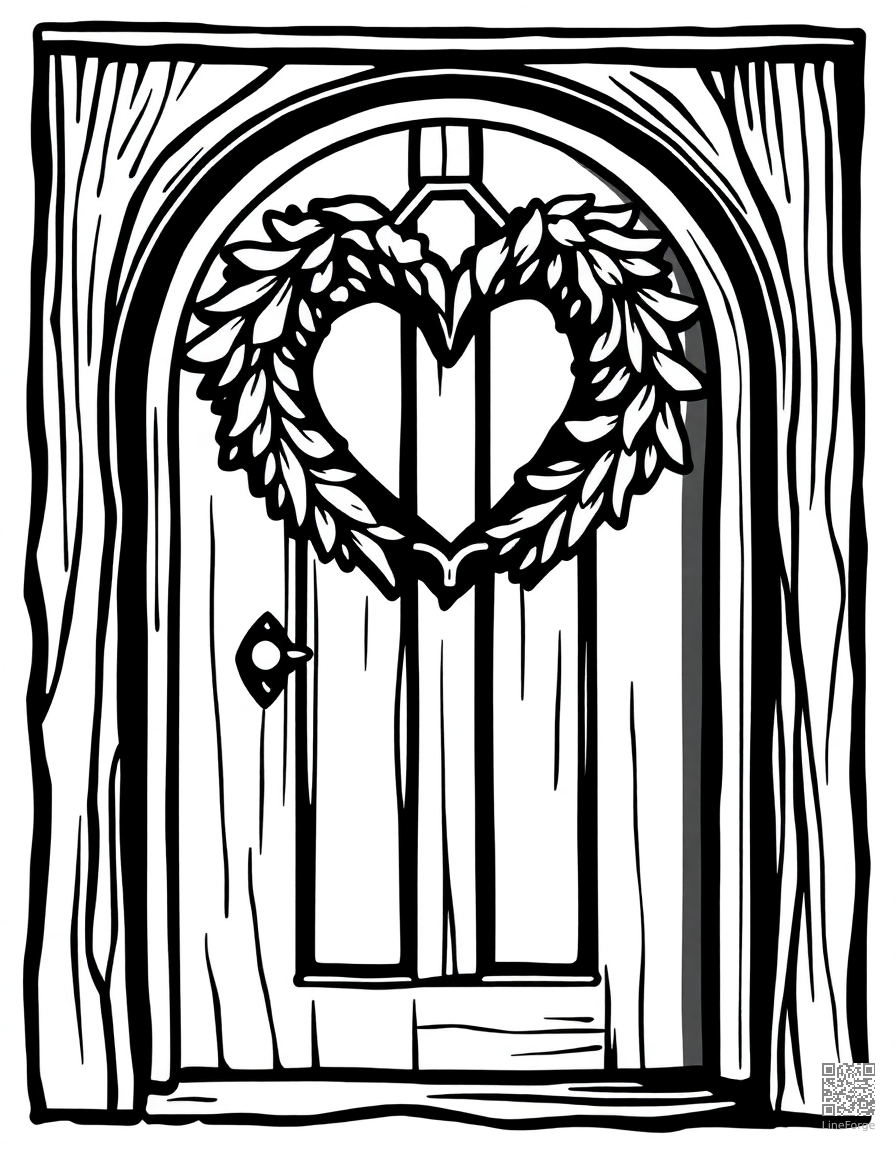 heart-shaped wreath on a door coloring page Woodcut style - free printable