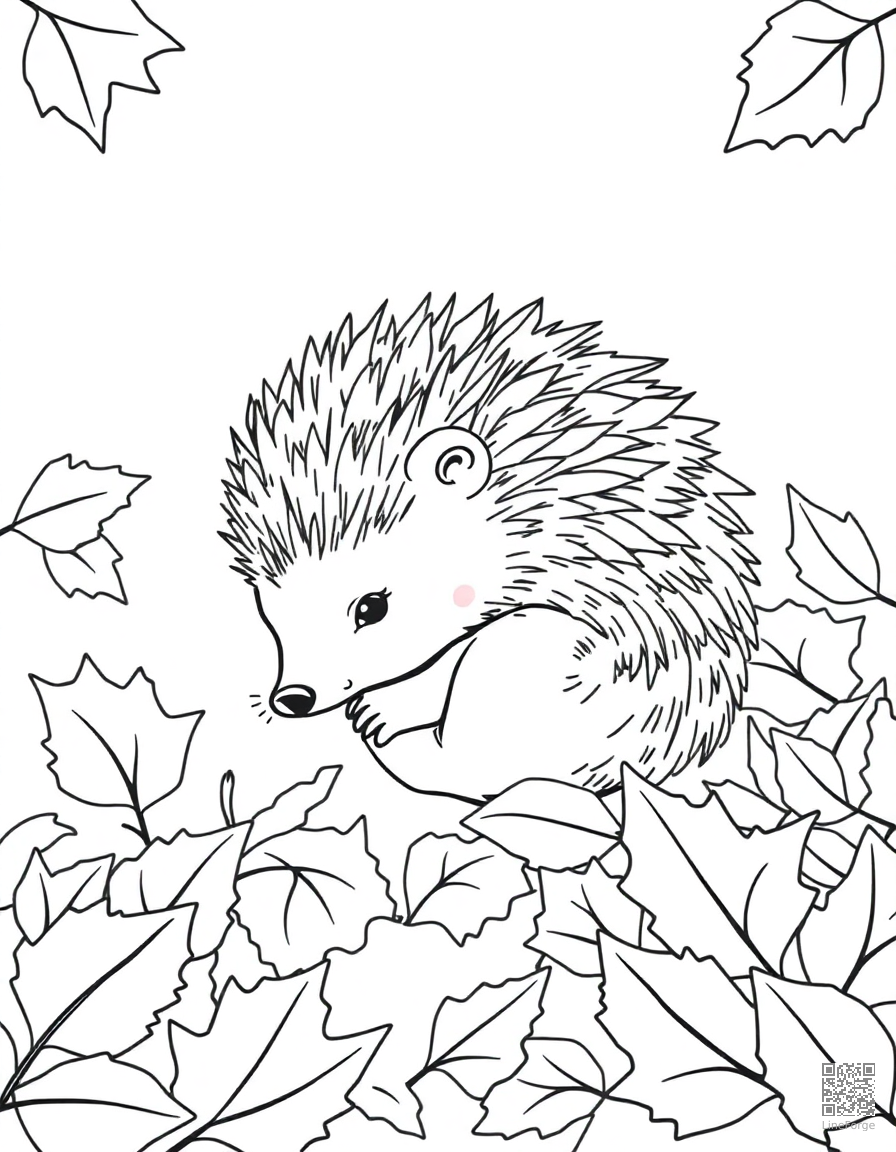hedgehog curled up among autumn leaves coloring page Contour style - free printable